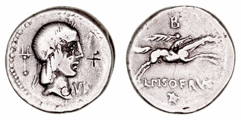 Calpurnia
Denario. AR. Roma. (90-89 a.C.). A/Cabeza de Apolo a der., delante VI...