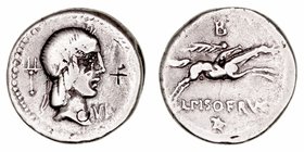 Calpurnia
Denario. AR. Roma. (90-89 a.C.). A/Cabeza de Apolo a der., delante VI y detrás tridente. R/Jinete con palma galopando a der., encima letra,...
