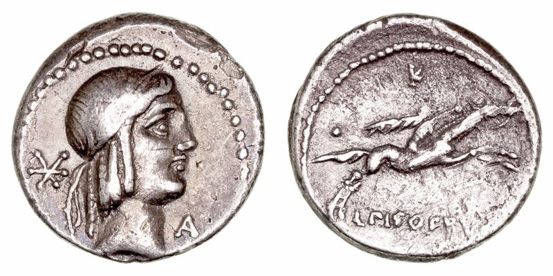 Calpurnia
Denario. AR. Roma. (90-89 a.C.). A/Cabeza de Apolo a der., delante A ...