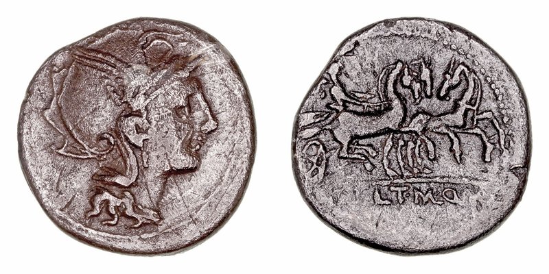 Claudia
Denario. AR. Roma. (110-109 a.C.). A/Cabeza de Roma a der., detrás (obj...