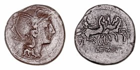 Claudia
Denario. AR. Roma. (110-109 a.C.). A/Cabeza de Roma a der., detrás (objeto triangular). R/Victoria en triga a der., debajo AP CL·T· MANL· Q· ...