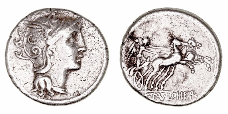 Claudia
Denario. AR. Roma. (110-109 a.C.). A/Cabeza de Roma a der. R/Victoria e...