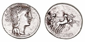 Claudia
Denario. AR. Roma. (110-109 a.C.). A/Cabeza de Roma a der. R/Victoria en biga a der., en exergo C. PVLCHER. 3.84g. FFC.565. MBC-/BC+.