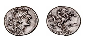 Clovlia
Denario. AR. Roma. (128 a.C.). A/Cabeza de Roma a der., detrás corona y debajo ROMA. R/Victoria en biga a der., debajo espiga y (T.) CLOVLI. ...