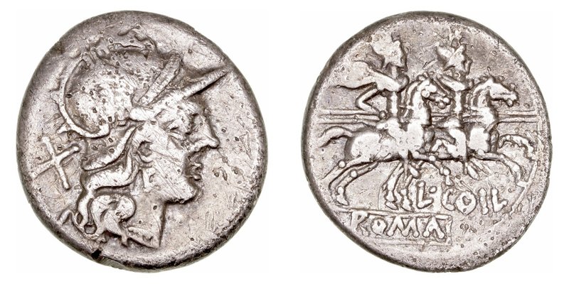 Coelia
Denario. AR. Roma. (189-180 a.C.). A/Cabeza de Roma a der., detrás X. R/...