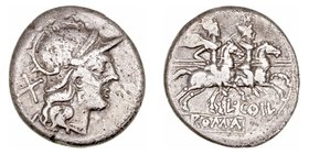 Coelia
Denario. AR. Roma. (189-180 a.C.). A/Cabeza de Roma a der., detrás X. R/Los Dioscuros a caballo a der., encima estrellas, debajo L· COIL y en ...
