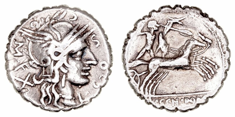 Cosconia
Denario. AR. (118 a.C.). A/Cabeza de Roma a der., detrás X y alrededor...