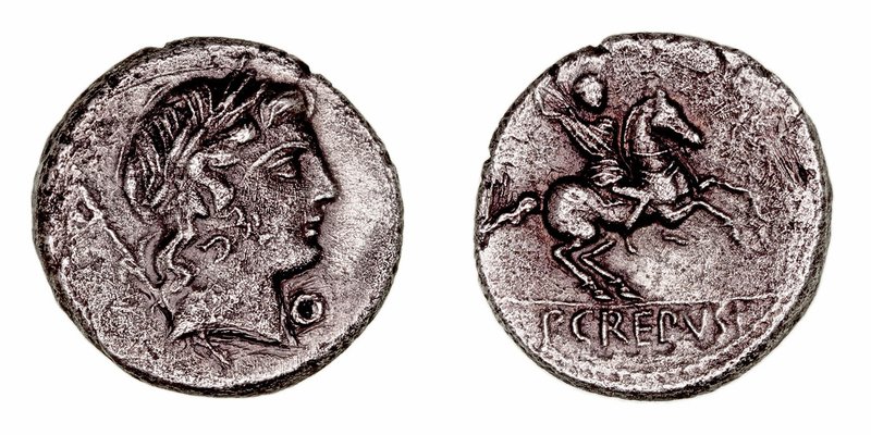 Crepusia
Denario. AR. Roma. (82 a.C.). A/Cabeza laureada de Apolo a der., delan...