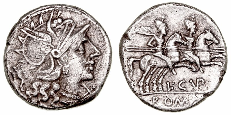 Cupiennia
Denario. AR. Roma. (147 a.C.). A/Cabeza de Roma a der., delante X y d...