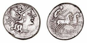 Decimia
Denario. AR. Roma. (150 a.C.). A/Cabeza de Roma a der., detrás X. R/Diana en biga a derecha, debajo FLAVS y en exergo ROMA. 3.49g. FFC.673. R...