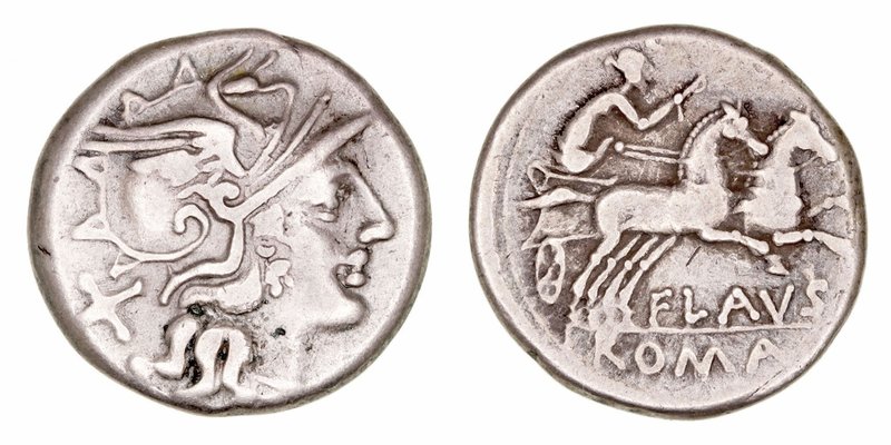 Decimia
Denario. AR. Roma. (150 a.C.). A/Cabeza de Roma a der., detrás X. R/Dia...