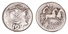 Decimia
Denario. AR. Roma. (150 a.C.). A/Cabeza de Roma a der., detrás X. R/Diana en biga a der., debajo FLAVS y en exergo ROMA. 3.45g. FFC.673. MBC-...