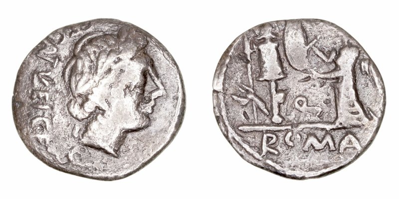 Egnatuleia
Quinario. AR. (97 a.C.). A/Cabeza laureada de Apolo a der., detrás l...
