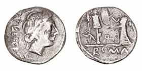 Egnatuleia
Quinario. AR. (97 a.C.). A/Cabeza laureada de Apolo a der., detrás ley. y debajo Q. R/Victoria en pie a izq., delante un trofeo, en el cam...