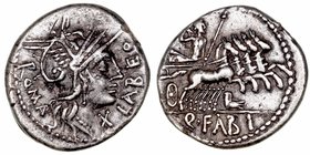 Fabia
Denario. AR. Norte de Italia. (124 a.C.). A/Cabeza de Roma a der., delante X LABEO, detrás ROMA. R/Júpiter en cuadriga a der. con cetro y haz d...
