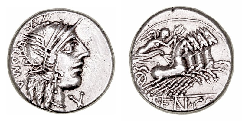 Fannia
Denario. AR. Roma. (123 a.C.). A/Cabeza de Roma a der., delante X, detrá...