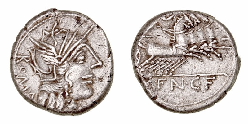 Fannia
Denario. AR. Roma. (123 a.C.). A/Cabeza de Roma a der., delante (X), det...