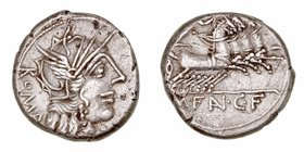Fannia
Denario. AR. Roma. (123 a.C.). A/Cabeza de Roma a der., delante (X), detrás ROMA. R/Victoria con corona en cuadriga a der., en exergo M· FAN· ...