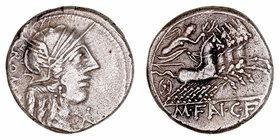 Fannia
Denario. AR. Roma. (123 a.C.). A/Cabeza de Roma a der., delante X, detrás ROMA. R/Victoria con corona en cuadriga a der., en exergo M· FAN· C·...