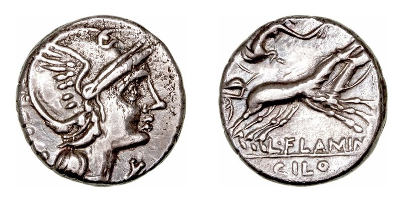 Flaminia
Denario. AR. Roma. (109-108 a.C.). A/Cabeza de Roma a der., detrás (RO...