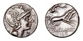 Flaminia
Denario. AR. Roma. (109-108 a.C.). A/Cabeza de Roma a der., detrás (ROMA) y delante X. R/Victoria con corona en biga a der., debajo L. FLAMI...