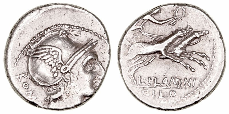 Flaminia
Denario. AR. Norte de Italia. (109-108 a.C.). A/Cabeza de Roma a der.,...