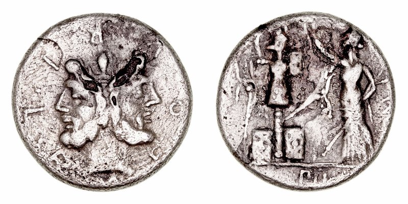Furia
Denario. AR/AE. (119 a.C.). Forrado. A/Cabeza de Jano bifonte, alrededor ...