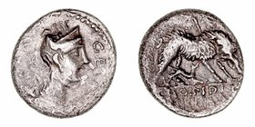Hosidia
Denario. AR. (68 a.C.). A/Busto de Diana a der., delante GE(TA) y detrás (ley.). R/Jabalí a der. atravesado por una flecha y atacado por un p...