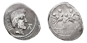 Tituria
Denario. AR. Roma. (89 a.C.). A/Cabeza del rey Tatius a der., delante TA (monograma) y detrás SABIN. R/Dos guerreros romanos con sabinas en b...