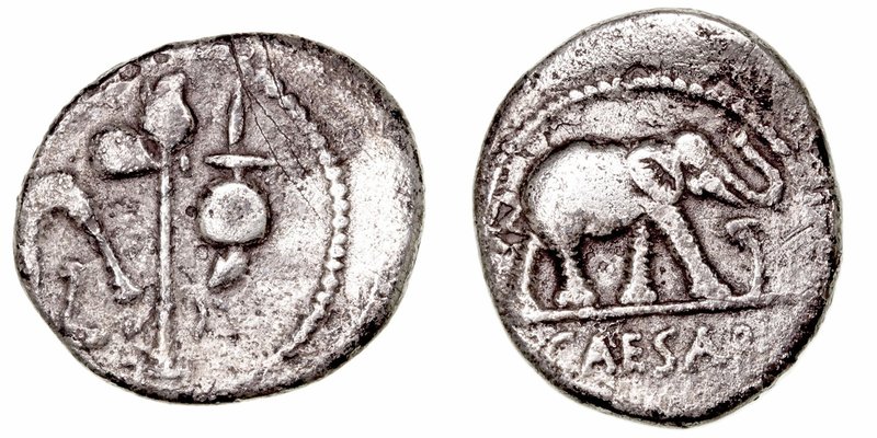 Julio César
Denario. AR/AE. Galia. (54-51 a.C.). Forrado. A/Elefante a der., de...