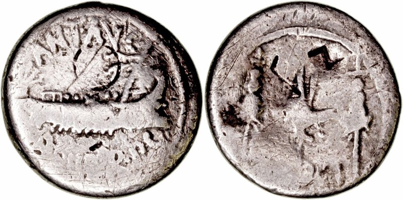 Marco Antonio
Denario. AR. (32-31 a.C.). A/Galera pretoriana a der. R/Águila le...