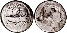 Marco Antonio
Denario. AR. (32-31 a.C.). A/Galera pretoriana a der. R/Águila legionaria entre dos insignias, ley. (LEG. XI). 2.92g. (FFC.44). Punzone...