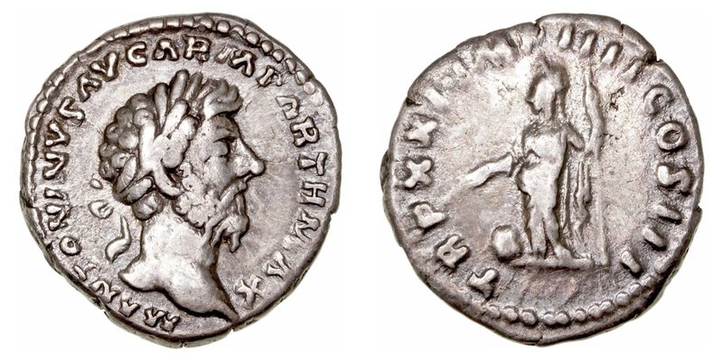 Marco Aurelio
Denario. AR. (161-180). R/TR. P. XXI IMP. IIII COS. III. Deidad e...