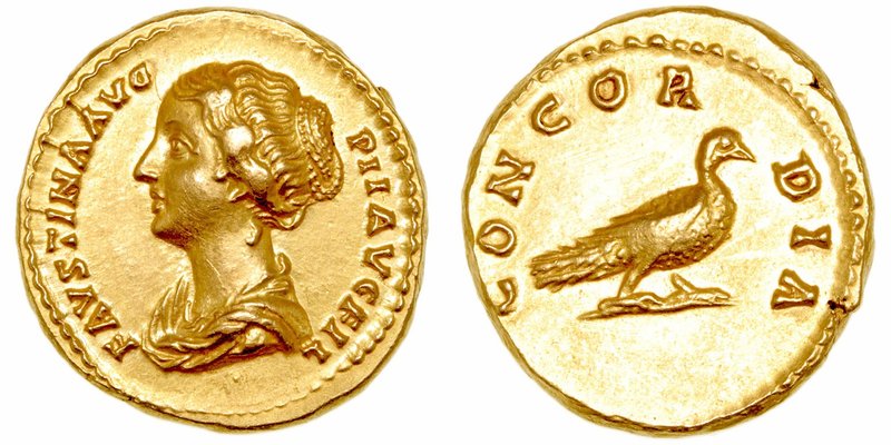 Faustina, esposa de M. Aurelio
Áureo. AV. Roma. (161-180). A/Busto drapeado de ...