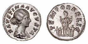 Faustina, esposa de M. Aurelio
Denario. AR. Roma. (161-180). A/Busto drapeado a der., alrededor FAVSTINA AVGVSTA. R/TEMPOR FELIC. Faustina sosteniend...