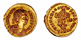 A nombre de Justiniano I
Tremis. AV. Roma. (hacia 530). Puede atribuirse a Athalaric, Theodahad o Witigis. A/Busto laureado de Justiniano a der., alr...