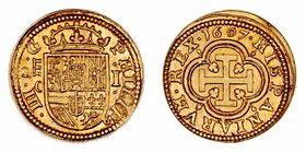 Felipe III
Escudo. AV. Segovia C. 1607. Leyenda PHILIP · III · D · G. 3.31g. Cal.60. Conserva restos de brillo original en reverso. Presentada en sob...