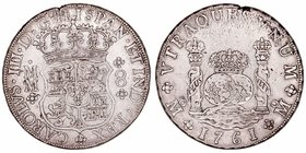Carlos III
8 Reales. AR. Méjico MM. 1761. Tipo columnario. 26.92g. Cal.888. MBC-.