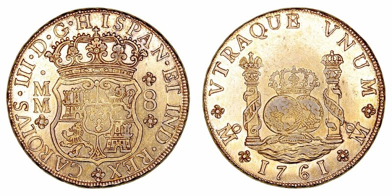 Carlos III
8 Reales. AR. Méjico MM. 1761. Tipo comumnario. 27.15g. Cal.888. Dor...