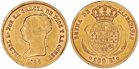 Isabel II
100 Reales. AV. Sevilla. 1855. 8.39g. Cal.33. Rayitas en anverso. (MBC+).
