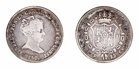 Isabel II
Real. AR. Sevilla RD. 1850. 1.18g. Cal.430. Pátina de monetario antiguo. MBC/MBC-.