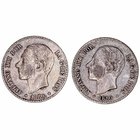 Alfonso XII
50 Céntimos. AR. 1880 MSM. Lote de 2 monedas. Estrellas no visibles. Pátina oscura. (MBC).