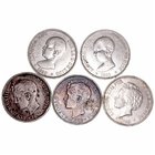 Alfonso XIII
5 Pesetas. AR. Lote de 5 monedas. 1990 (PGM), 1991, 1992 (bucles), 1896 y 1898. Alguna estrella visible. MBC- a BC.