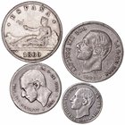 Lotes de Conjunto
Calamina plateada. Lote de 4 monedas. Falsas de época. 50 Céntimos 1885, Peseta 1881, 2 Pesetas 1869 y 1882. MBC+ a BC+.