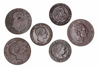 Lotes de Conjunto
AE. Lote de 6 monedas. 8 Maravedís 1827 Segovia (Fdo. VII), 2 1/2 Céntimos 1868 Sevilla (Isabel II), 5 Céntimos 1870 y 1879, 10 Cén...