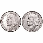 II República
5 Céntimos. Hierro. 1937. Lote de 2 monedas. Busto pequeño y busto más grande. EBC-.