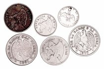 Chile
AR. Lote de 6 monedas. 1/2 Décimo 1857 (agujerito), 10 Centavos 1916, 20 Centavos 1870, 1881, 1899 y 1916. MBC- a BC-.