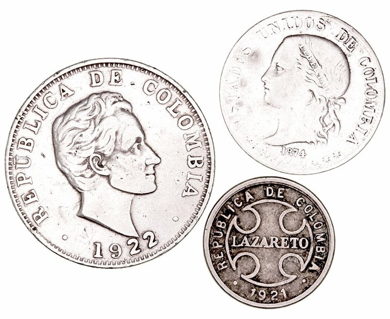 Colombia
AR. Lote de 3 monedas. 2 Centavos 1921 Lazareto, 2 Décimos 1874 y 50 C...
