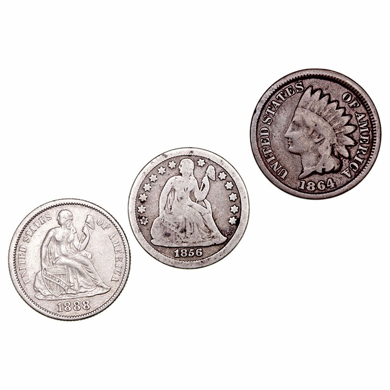 Estados Unidos
AR/AE. Lote de 3 monedas. Cent 1864, Dime 1856 y 1888. MBC- a BC...