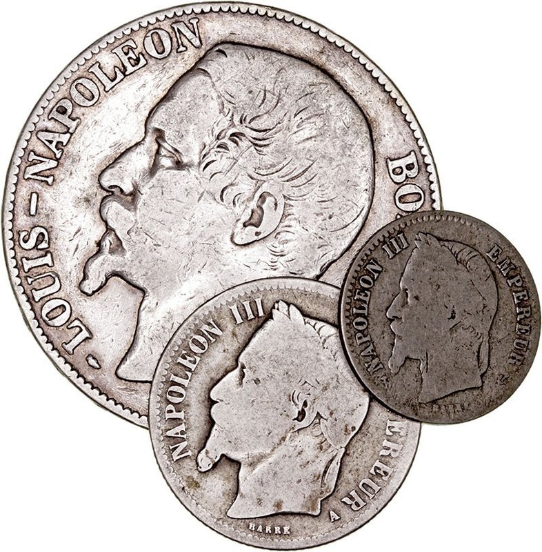 Francia Napoleón III
AR. Lote de 3 monedas. 50 Cents 1865 K, Franco 1866 A y 5 ...